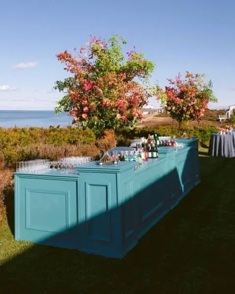 Custom Turquoise Bar with Autumn Branch Arrangements outdoor wedding reception decor
