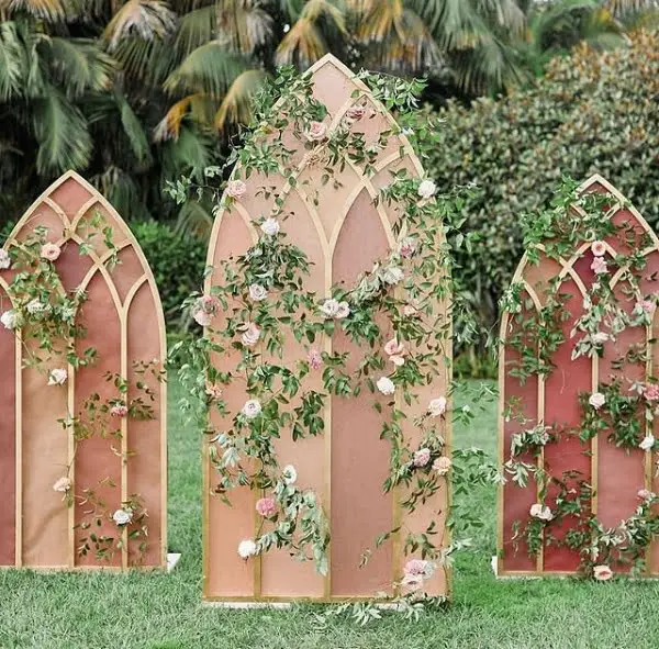 Vintage Romantic Outdoor Wedding Decor With Ornate Ceremony Arch vintage outdoor wedding decor