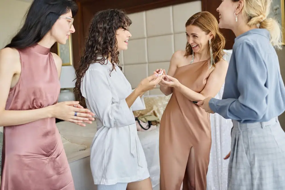 friends discussing dress