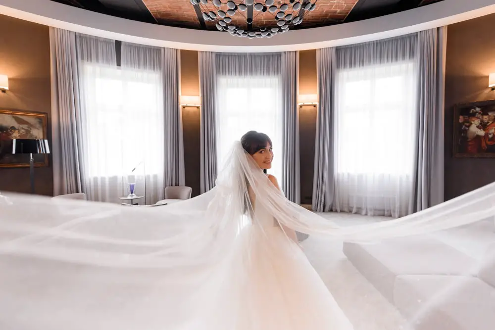 happy bride in room alone