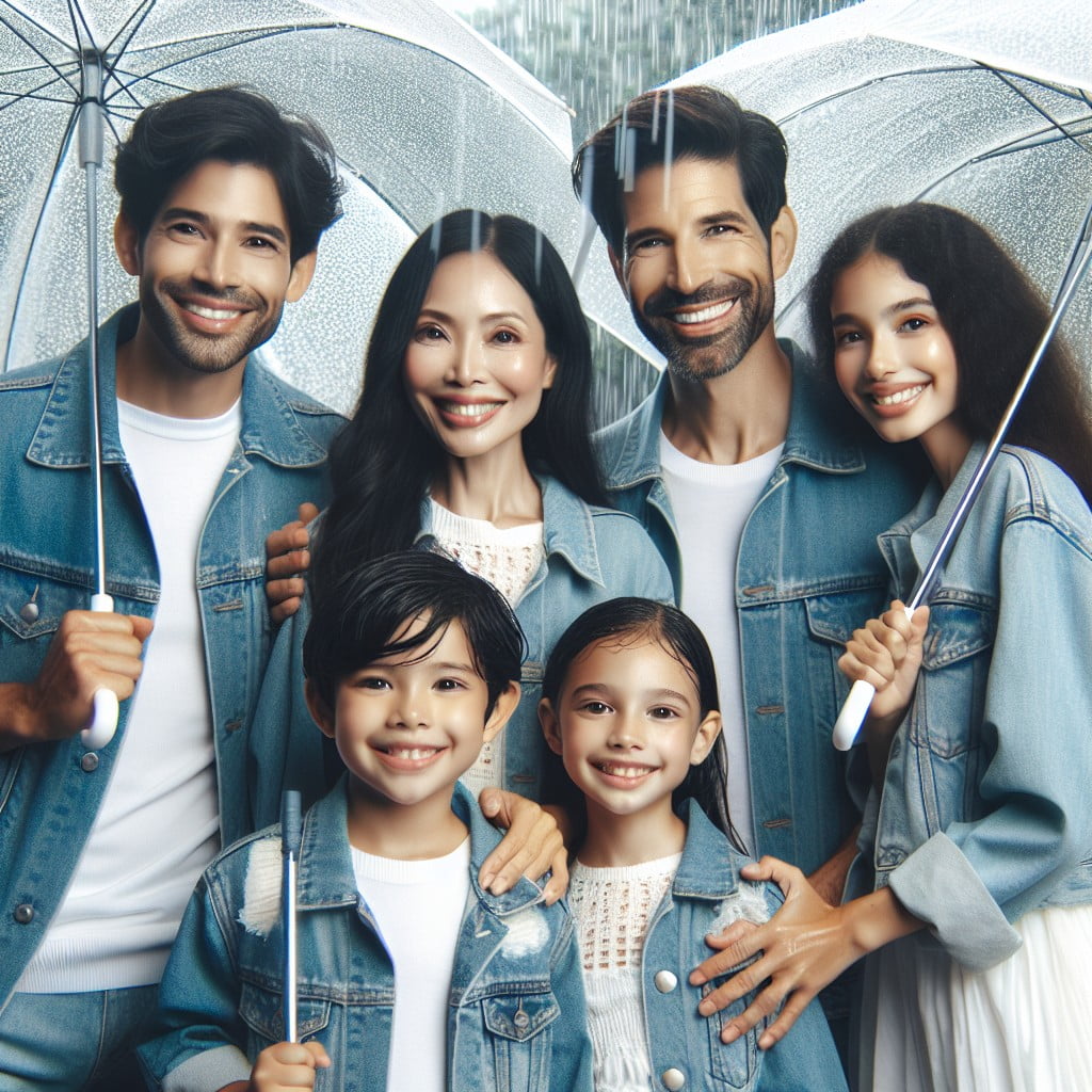 a rainy day photoshoot featuring denim jackets and white umbrellas