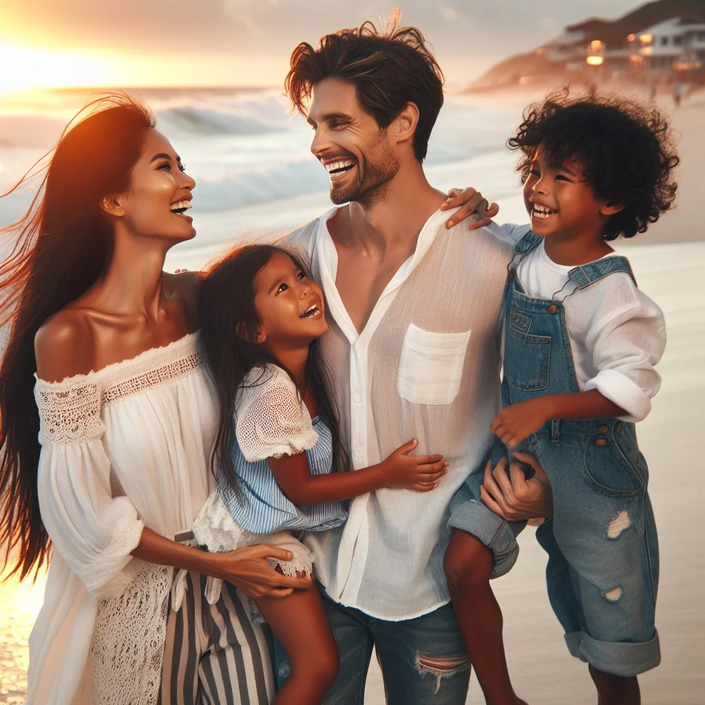 beach photo shoot with white and denim outfits