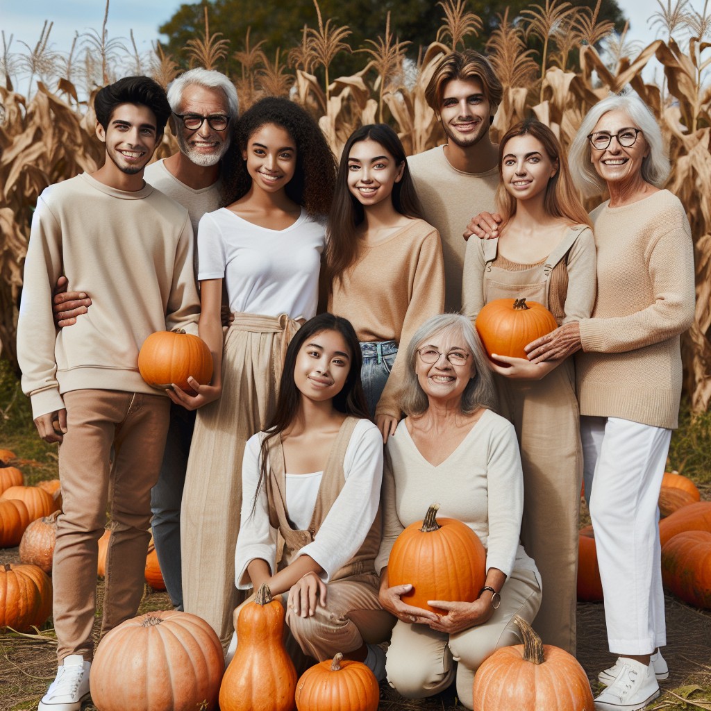 beige themed family photoshoot in a pumpkin patch