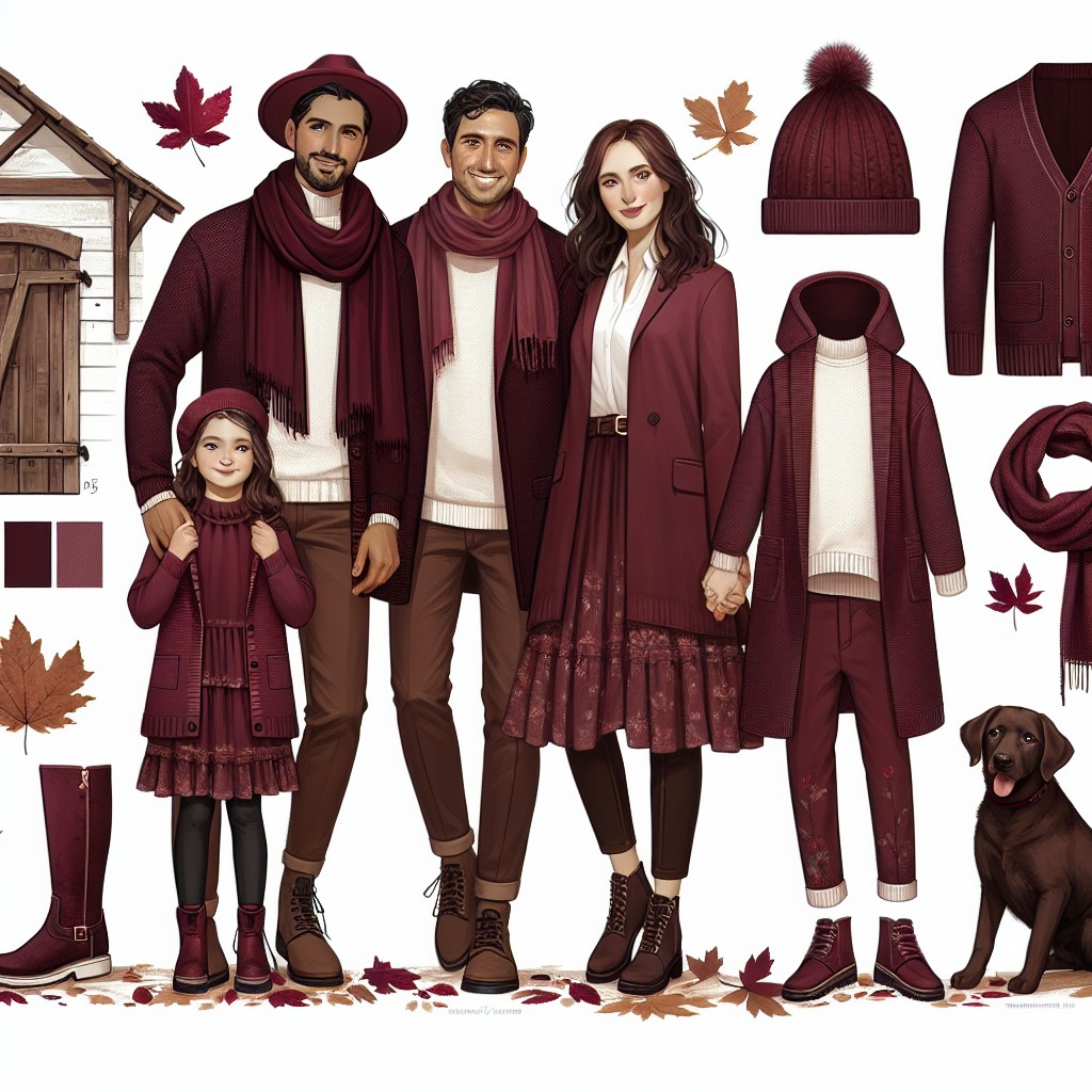 burgundy matching outfits in rustic family pictures