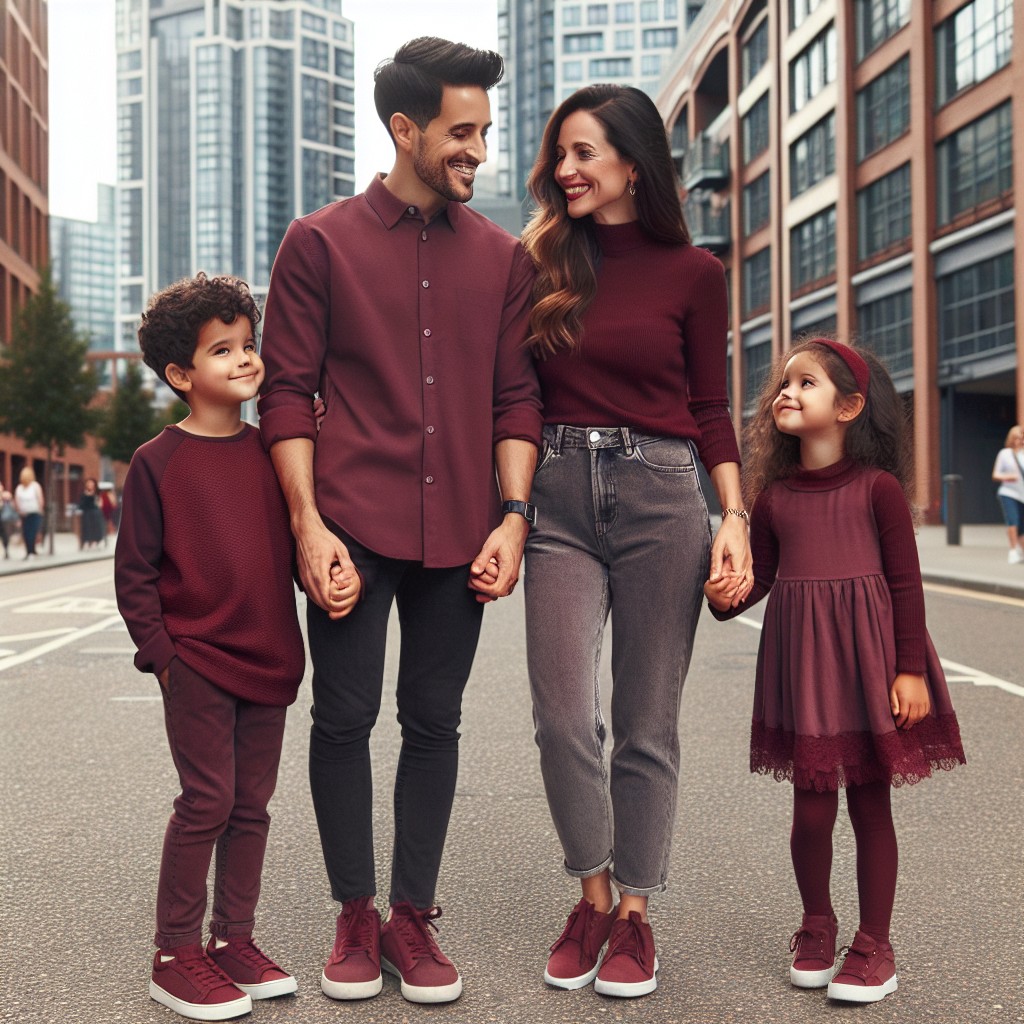 casual urban family photoshoot with burgundy details
