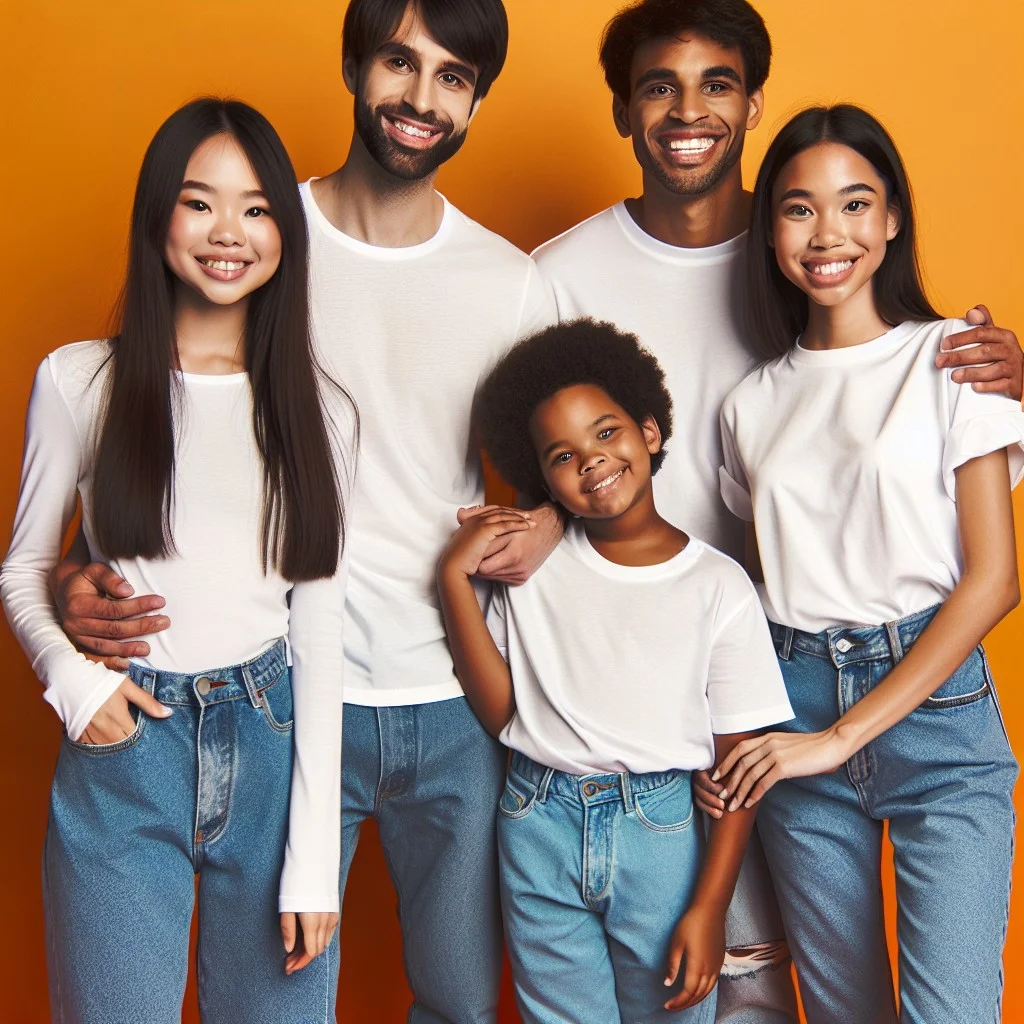 color contrast using a brightly colored background with white and denim outfits