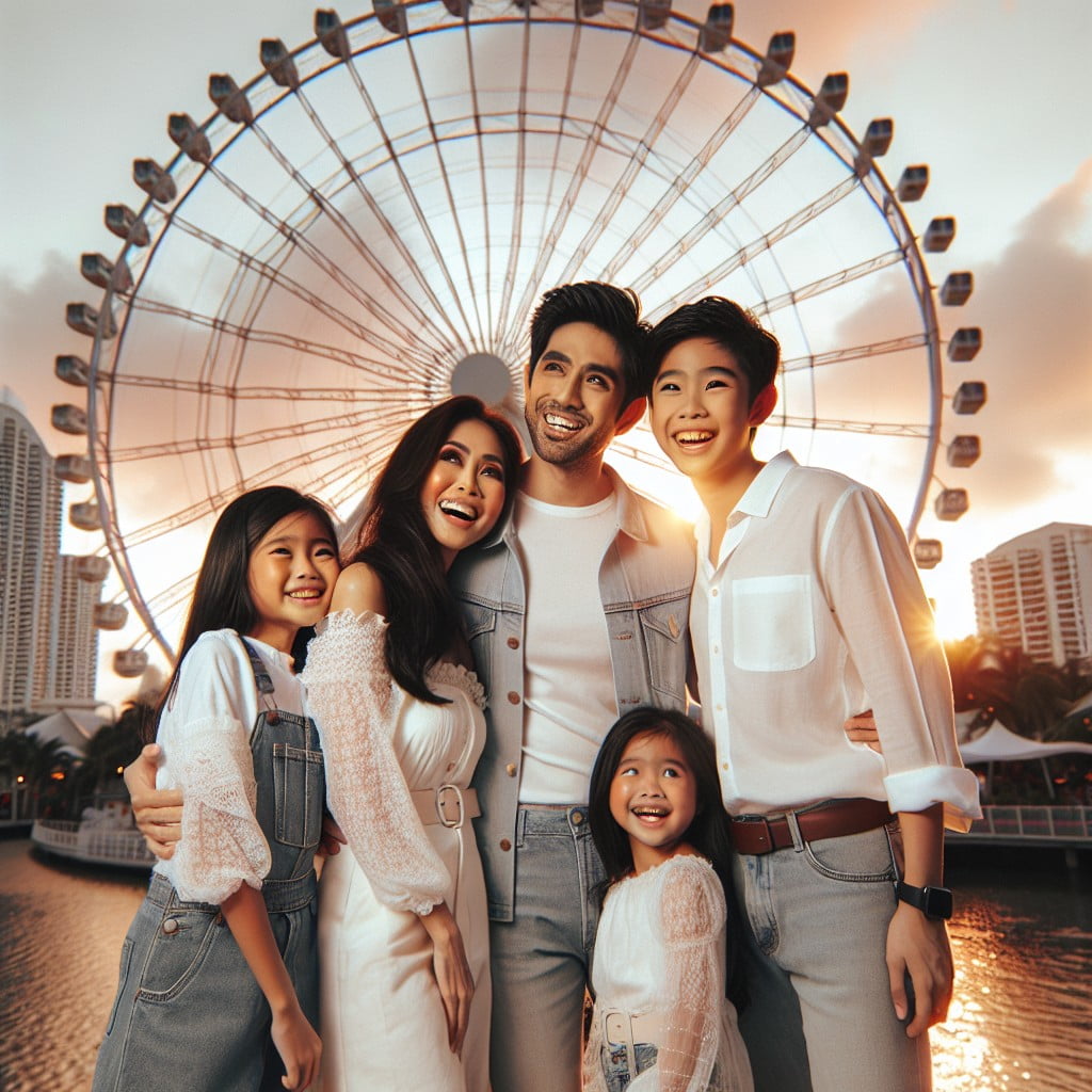 denim and white clothing against the backdrop of a ferris wheel or amusement park