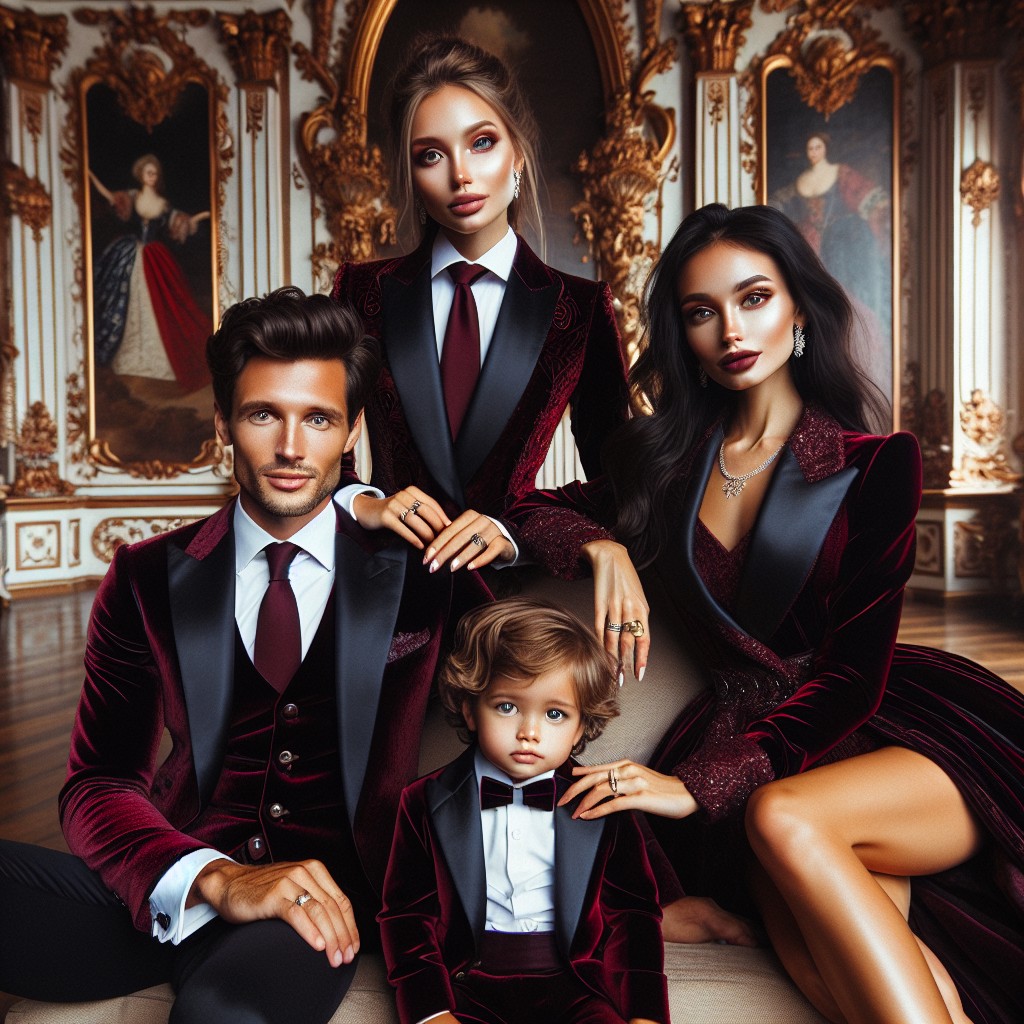 elegant family photoshoot in a burgundy velvet dress amp suit