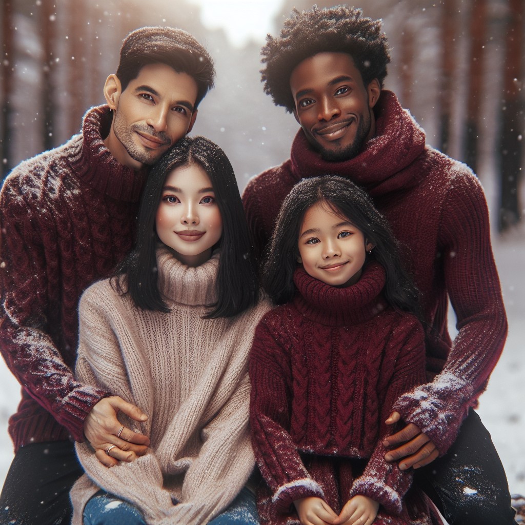 family photoshoot featuring burgundy knitwear in snowy settings