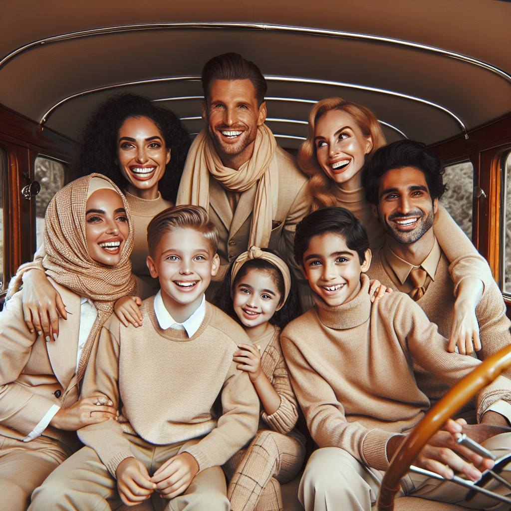 family photoshoot in a beige vintage car