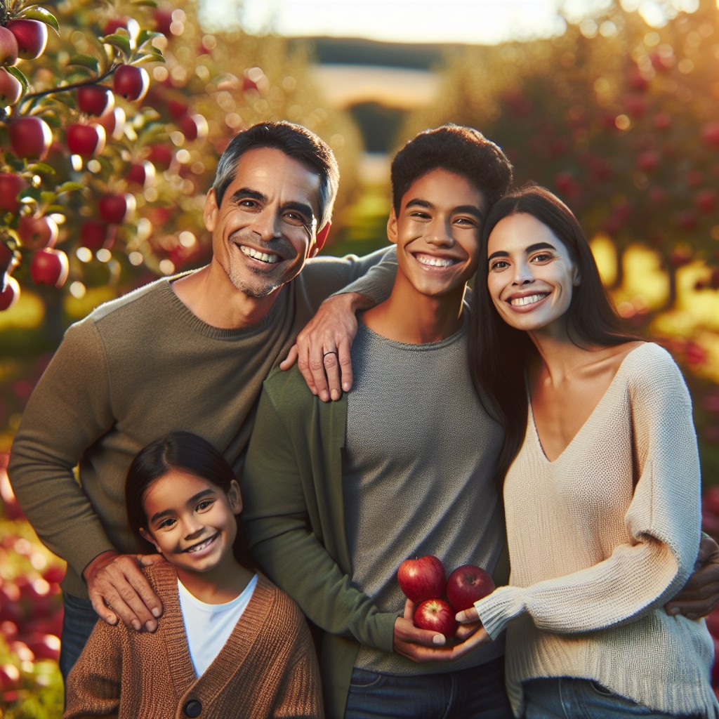 family photoshoot in apple orchard with burgundy apples