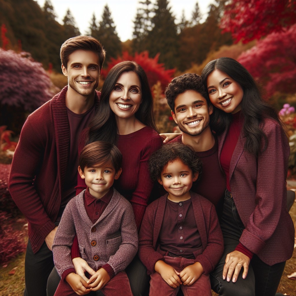 family photoshoot in burgundy autumn foliage