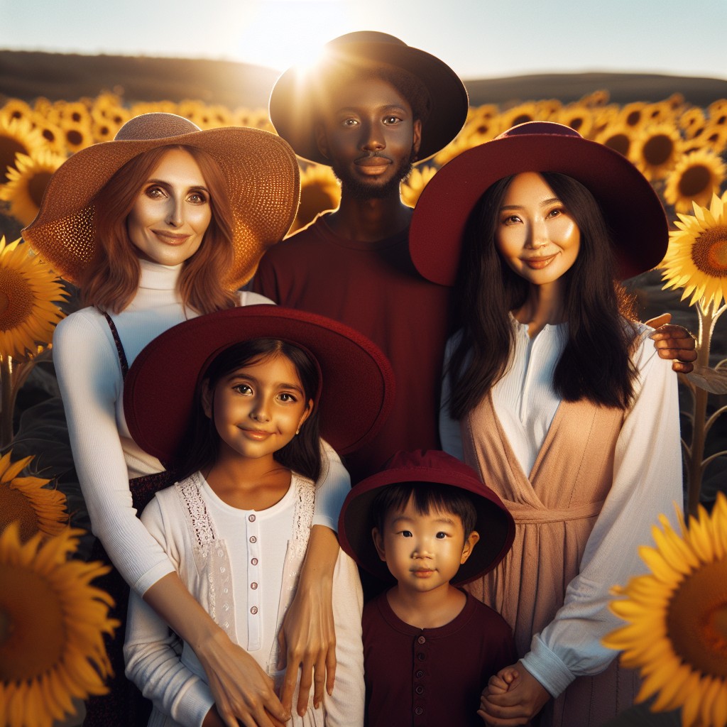 family photoshoot in sunflower field with burgundy hats