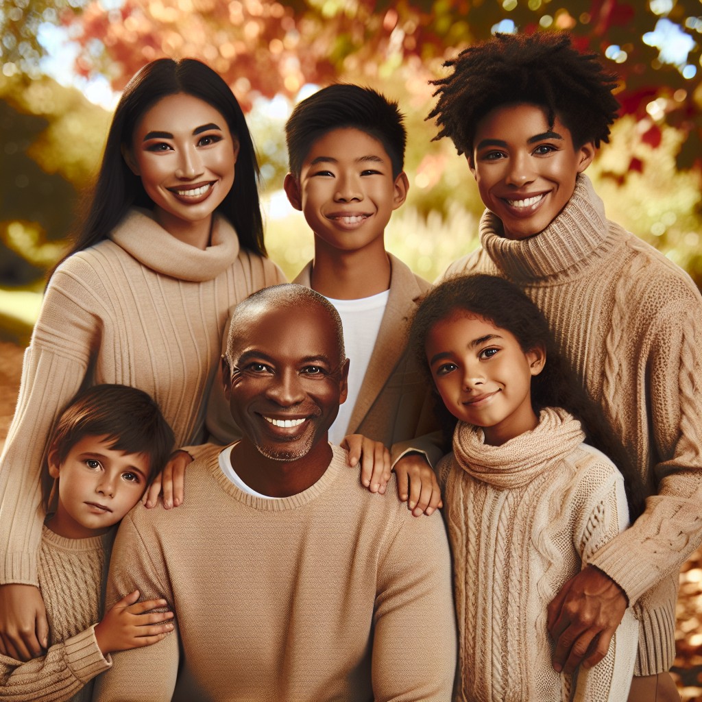 family photoshoot with beige knitted outfit themes