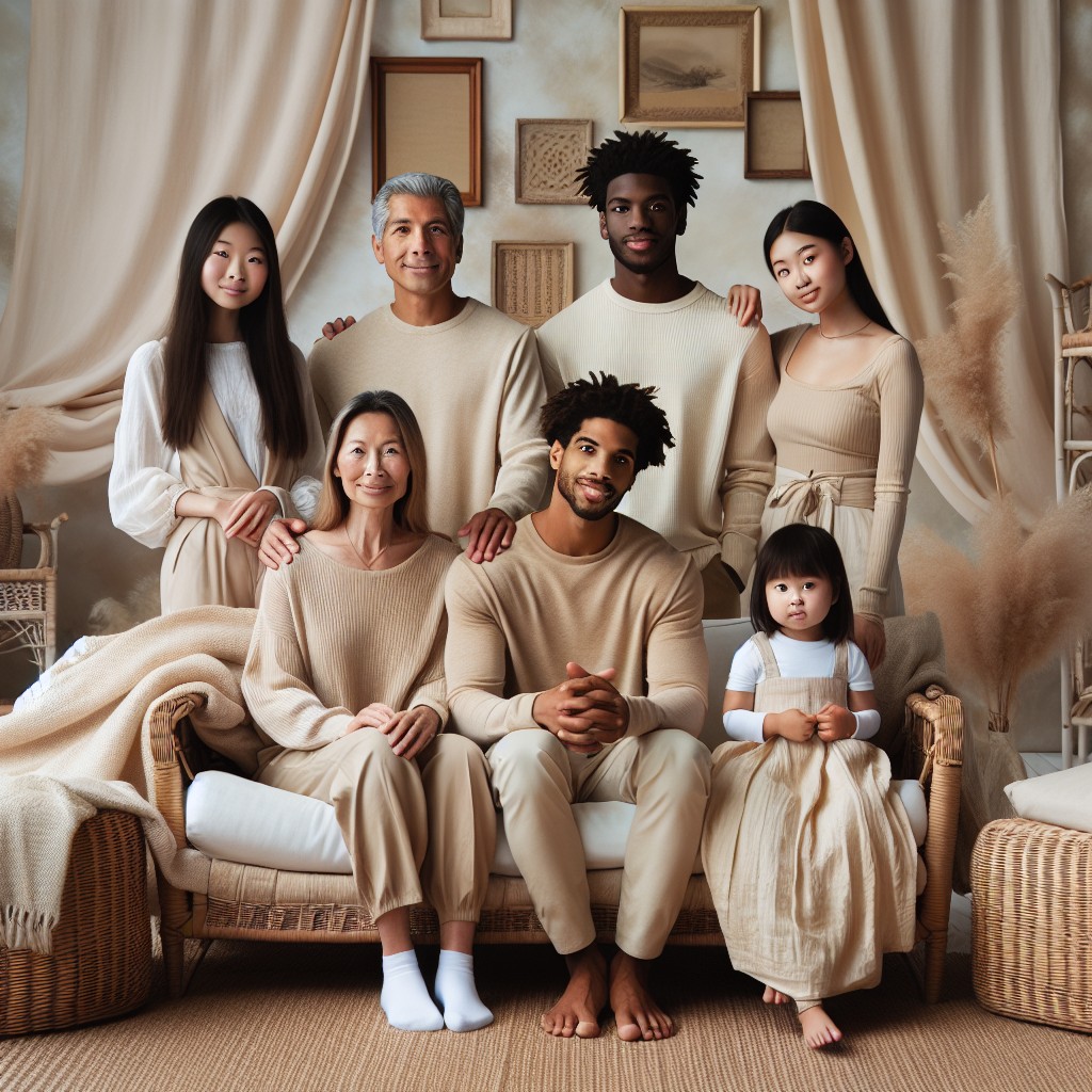 family photoshoot with beige tones outfits and props in a studio