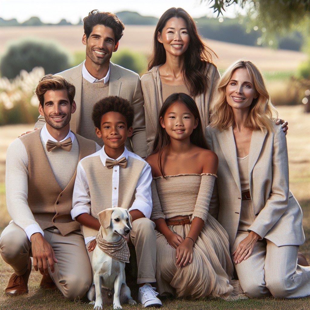 family photoshoot with pets in beige outfit