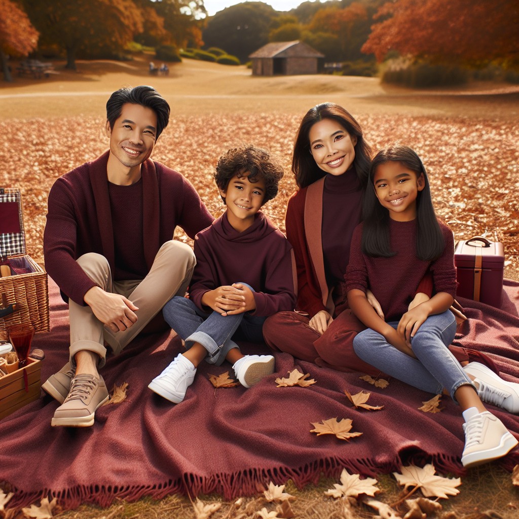 family picnic photoshoot with burgundy blanket and accessories