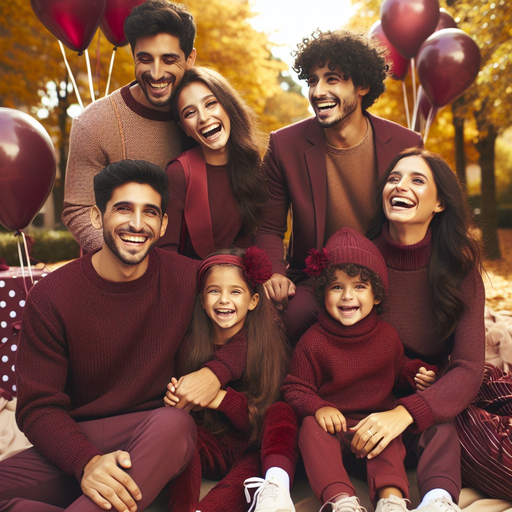 fun family photoshoot featuring burgundy balloons or props