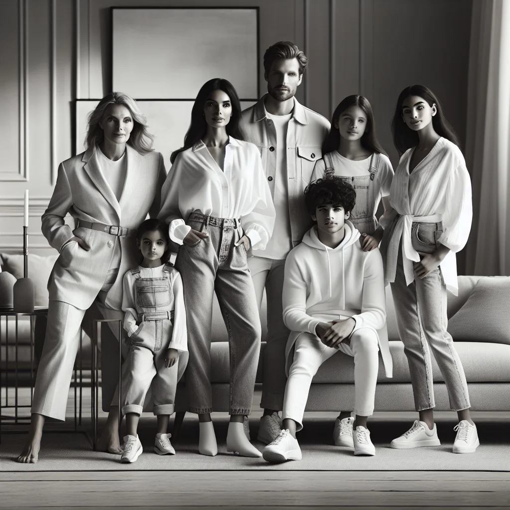 grayscale photos in white and denim outfits for a timeless feel