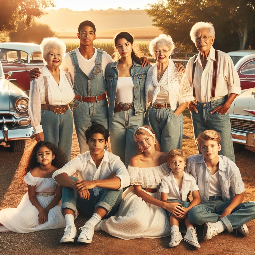 retro inspired white and denim photo shoot featuring vintage cars