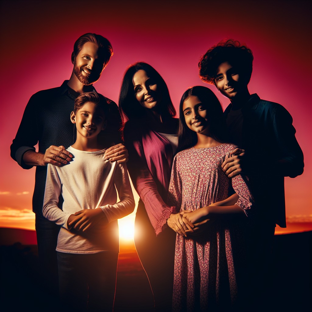 silhouette family photoshoot with burgundy sunset backdrop