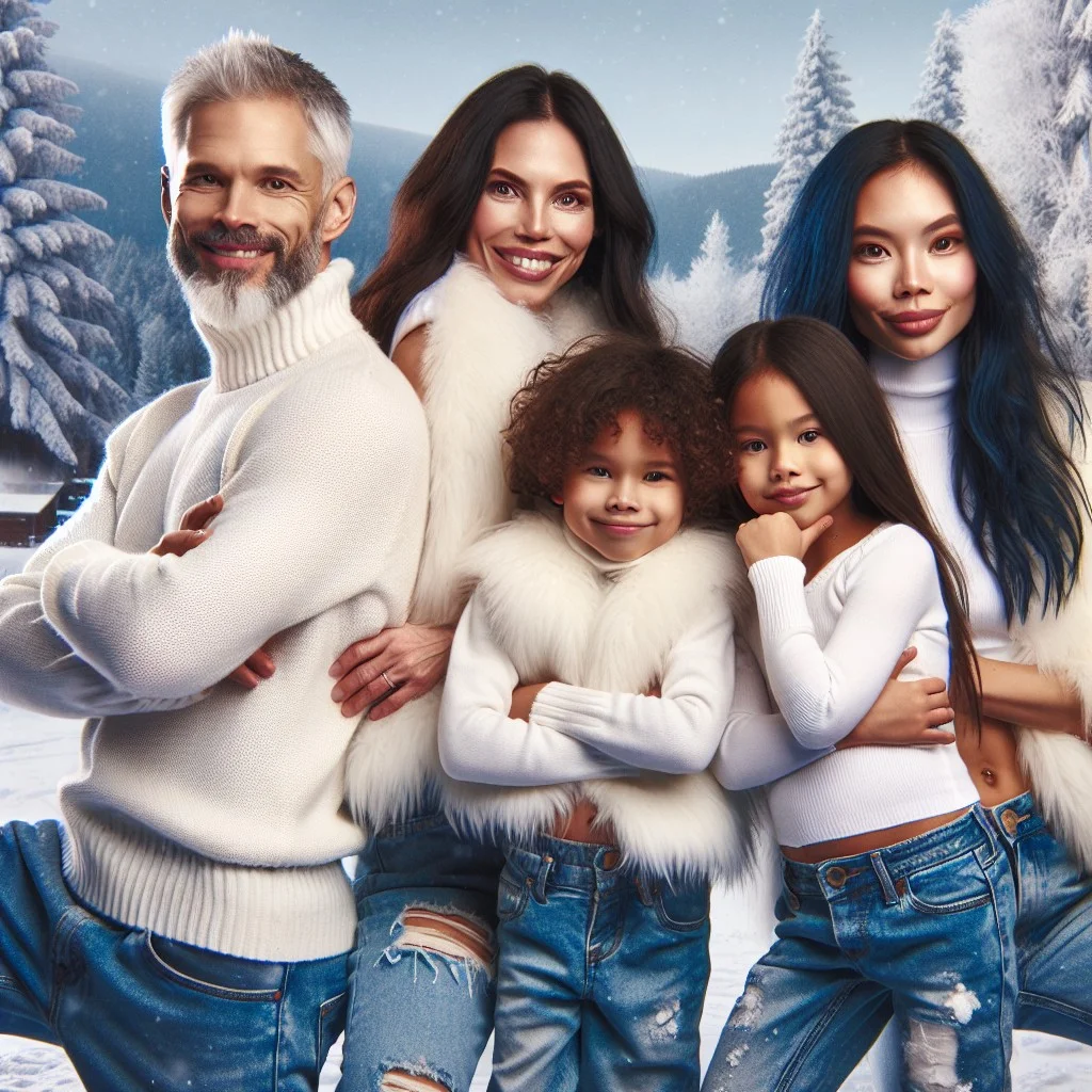 snowy winter shoot featuring white furs and denim jeans