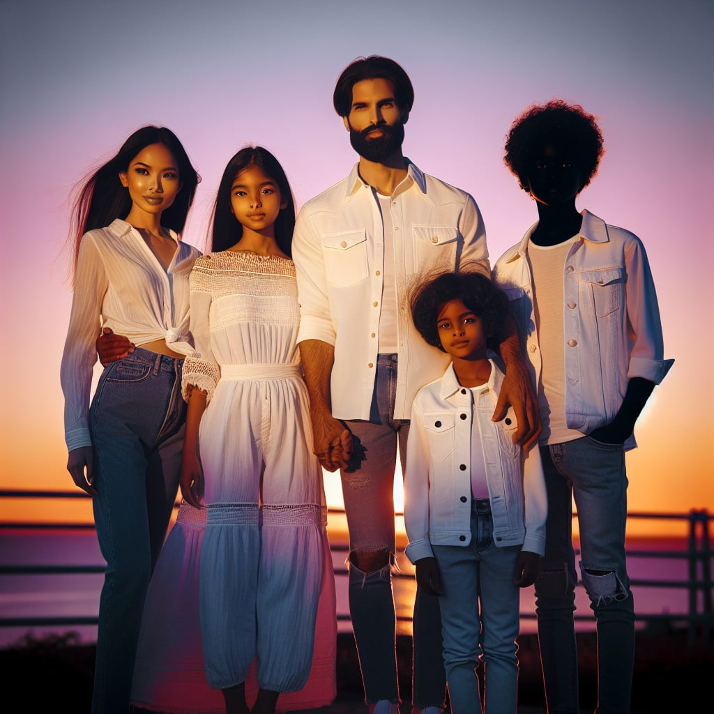 sunset photoshoot with a silhouette of the family in white and denim