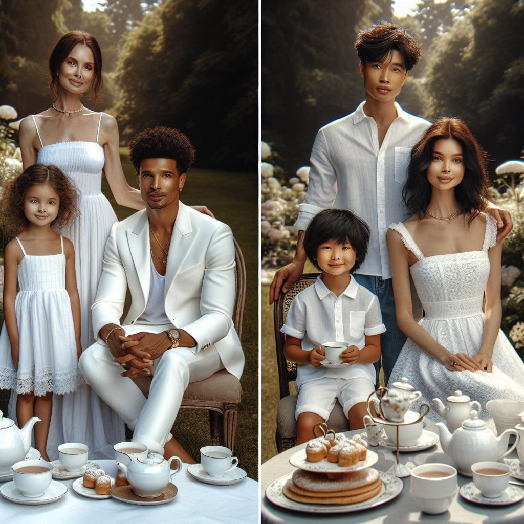 tea party themed photoshoot with an all white setup versus denim clothing