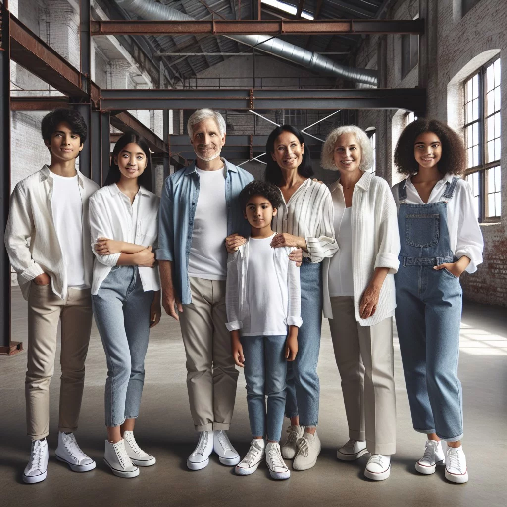 use of a minimalist industrial setting to contrast the casual white and denim attire