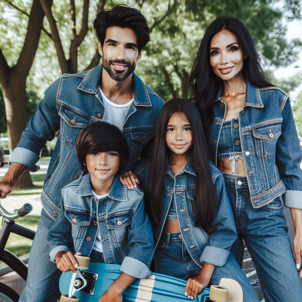 use of props like bicycles or skateboards in a park setting with denim outfits