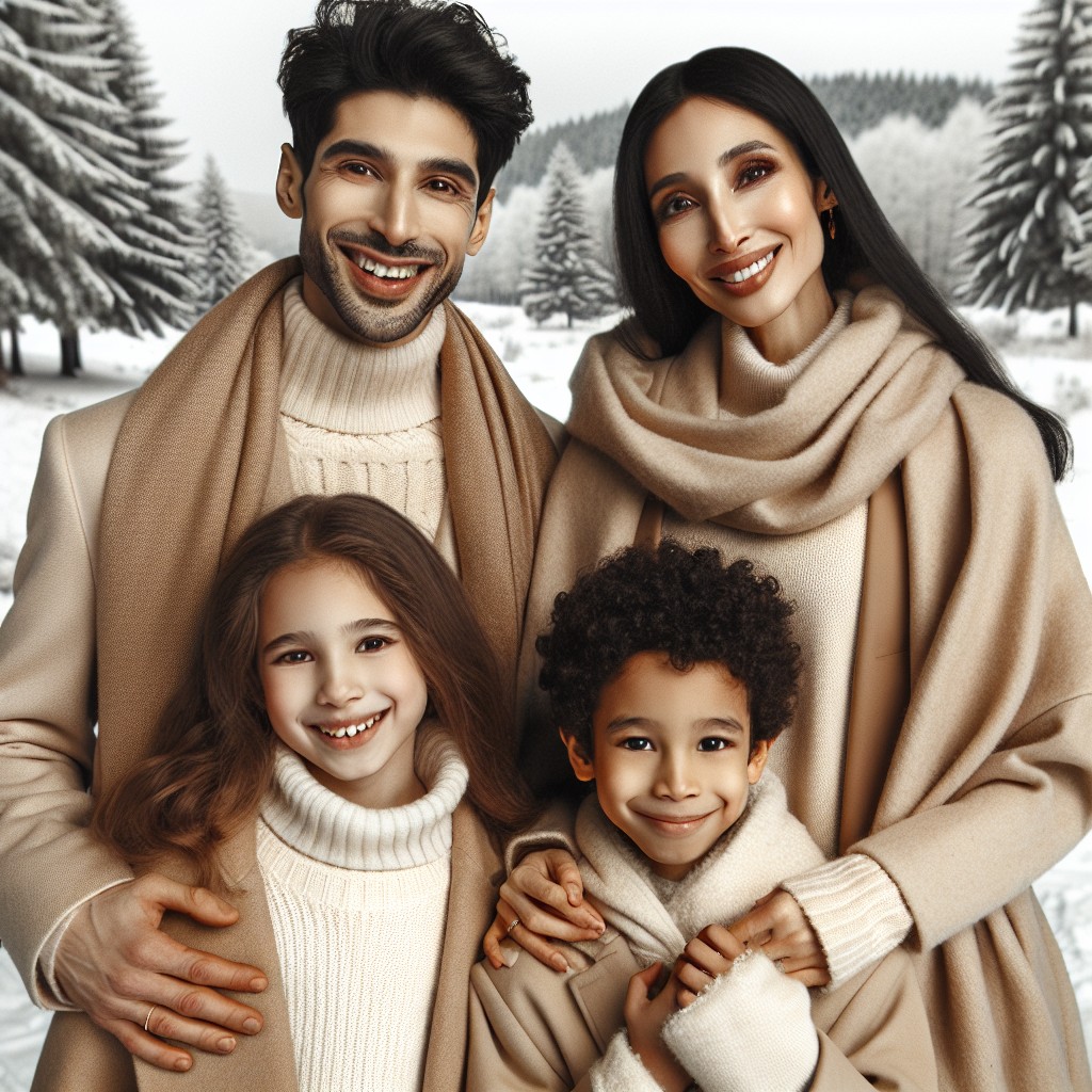 winter themed beige family photoshoot with snowy background