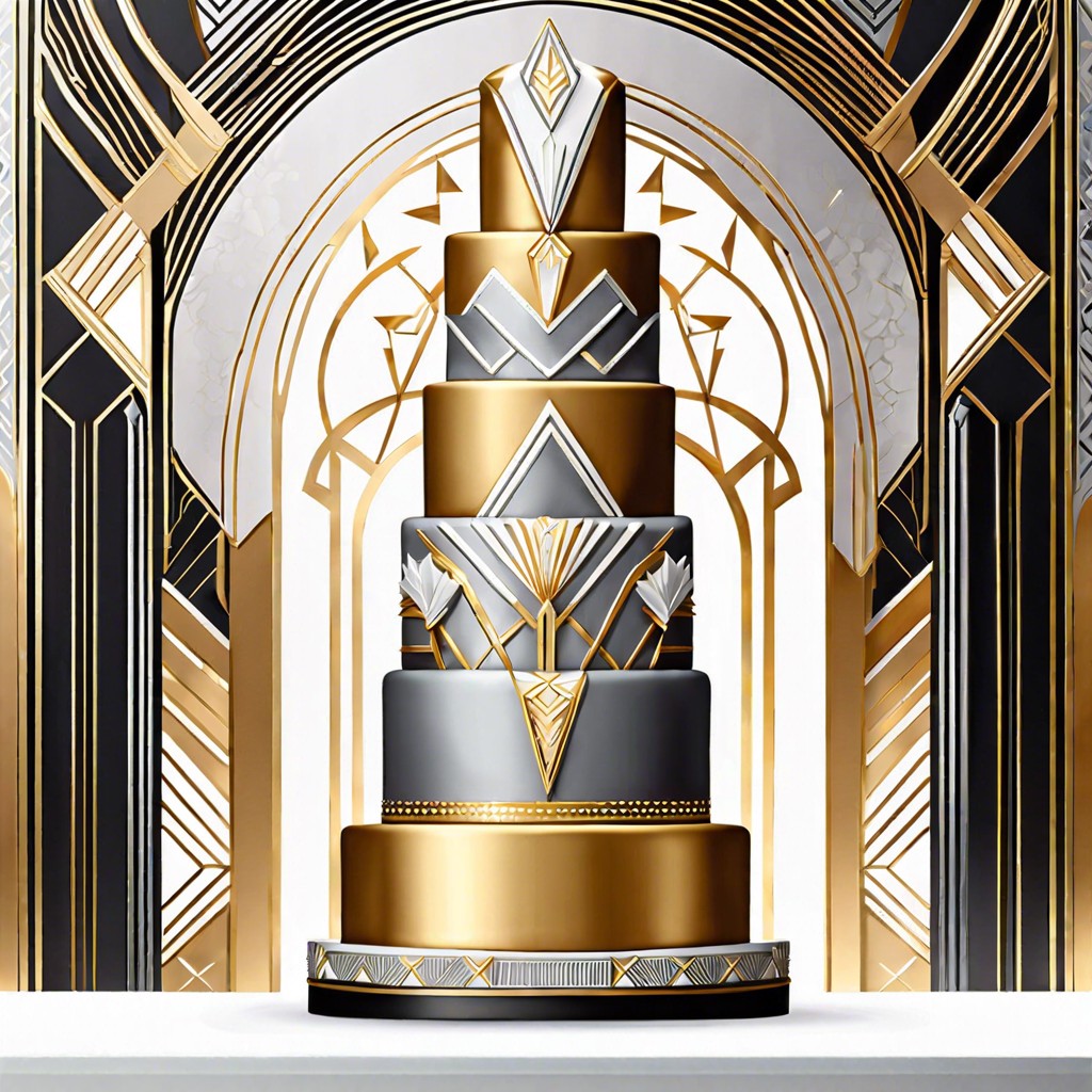 art deco cake with metallic accents and symmetrical designs