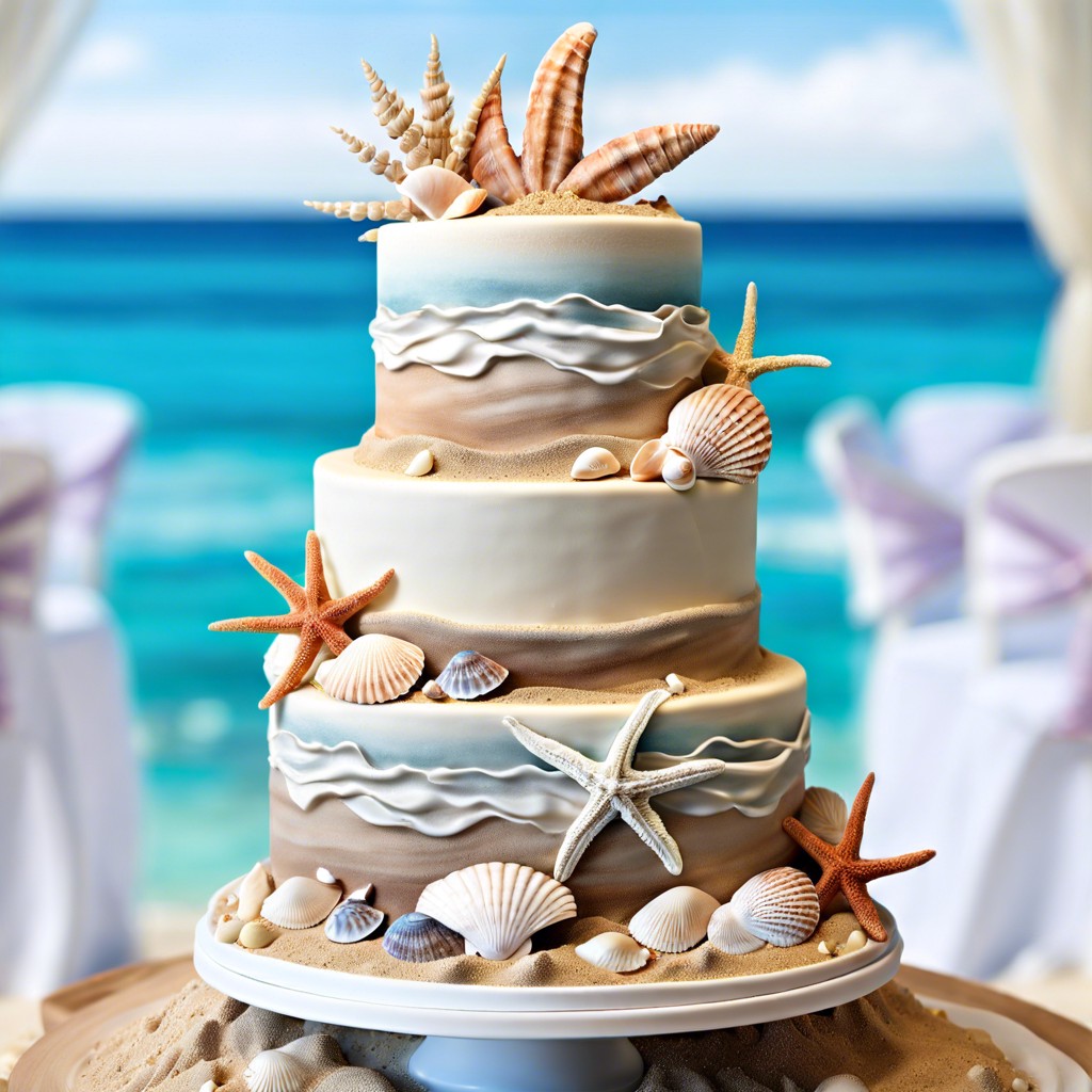 beach themed cake with edible sand and sugar sea shells