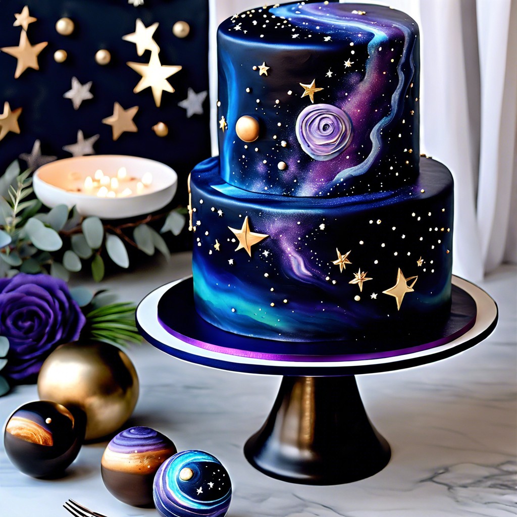 galaxy cake with dark icing and iridescent stars and planets