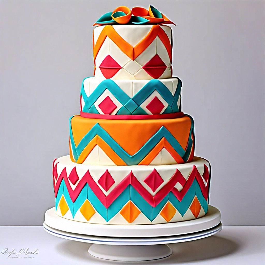 geometric pattern cake with vibrant interlocking shapes