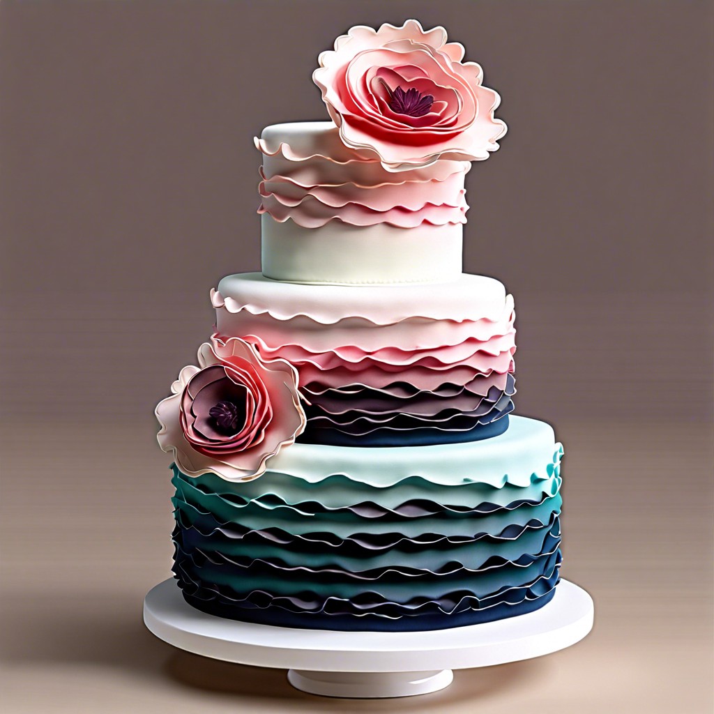 ombre ruffle cake transitioning from deep to light shades