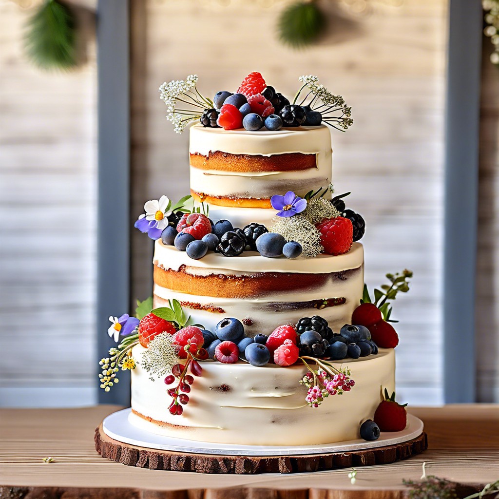 rustic naked cake adorned with seasonal berries and flowers