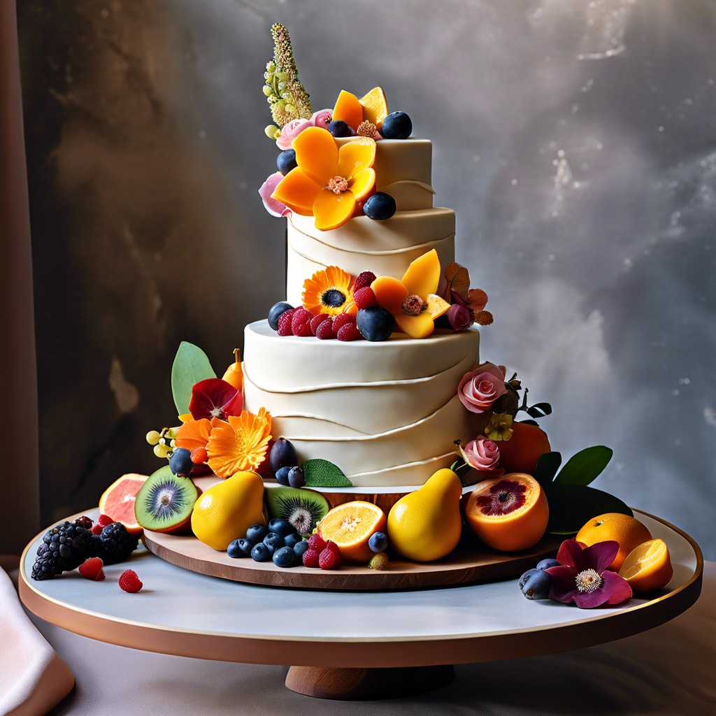 sustainable vegan cake decorated with organic fruits and edible flowers