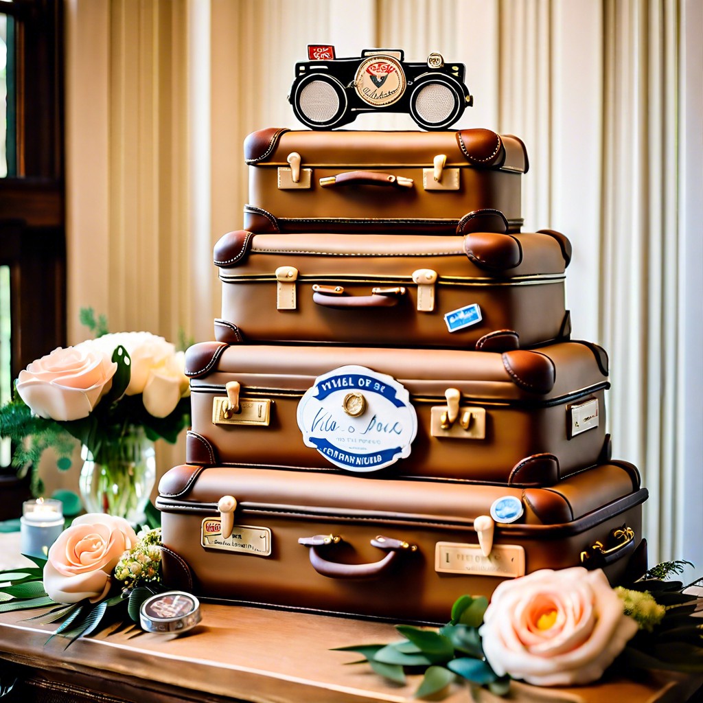 vintage suitcase stacked cake for travel themed weddings