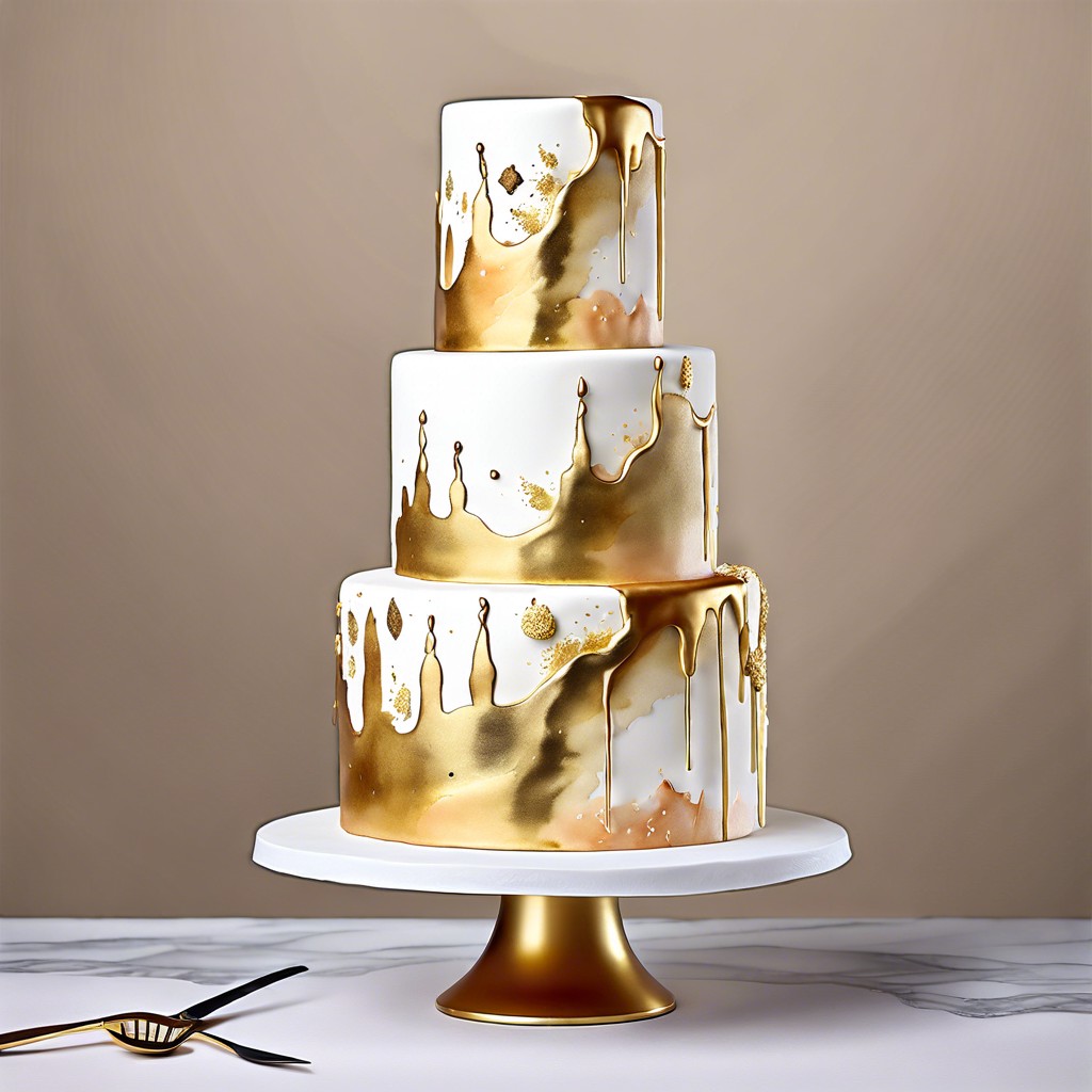 watercolor painted tiers with edible gold splashes