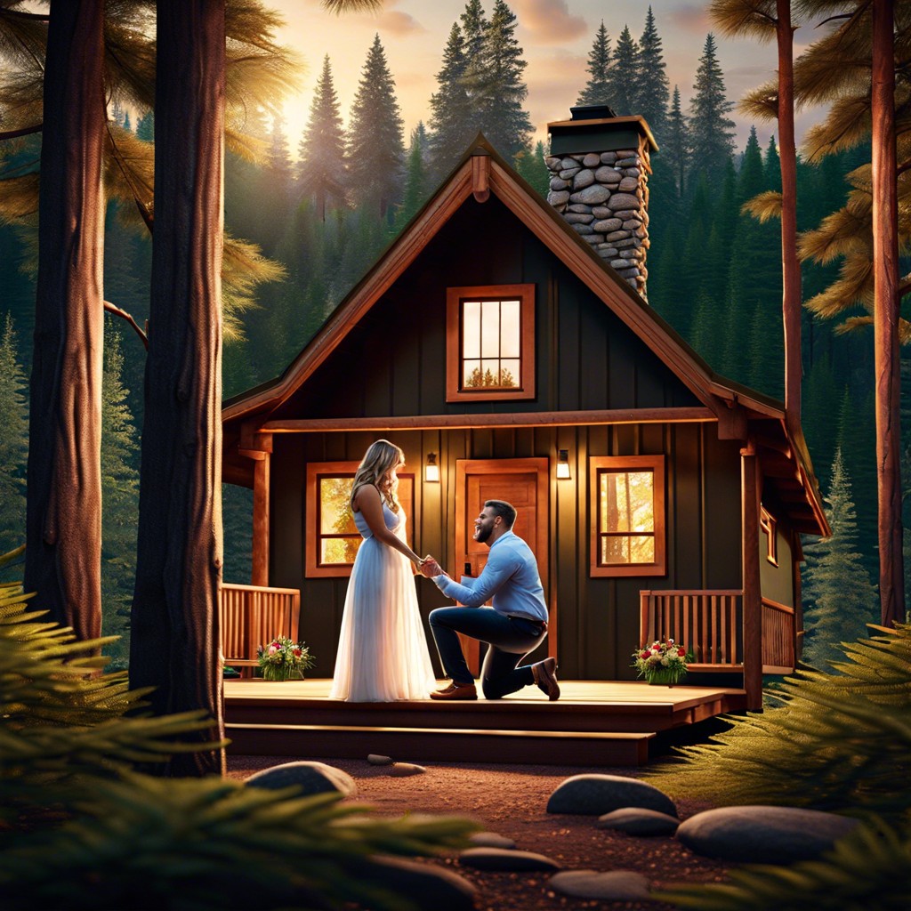 a surprise proposal during a getaway in a remote cabin in the woods