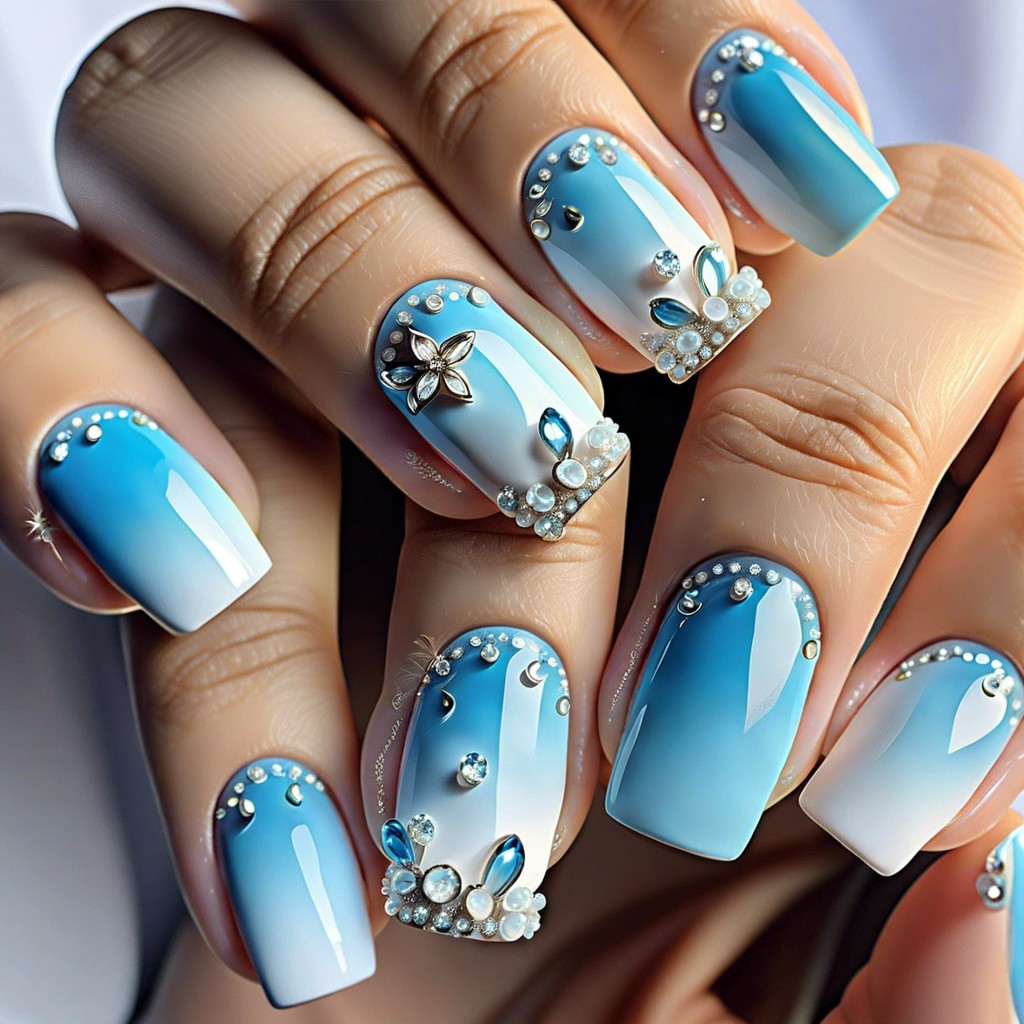 baby blue and white ombre with tiny rhinestones