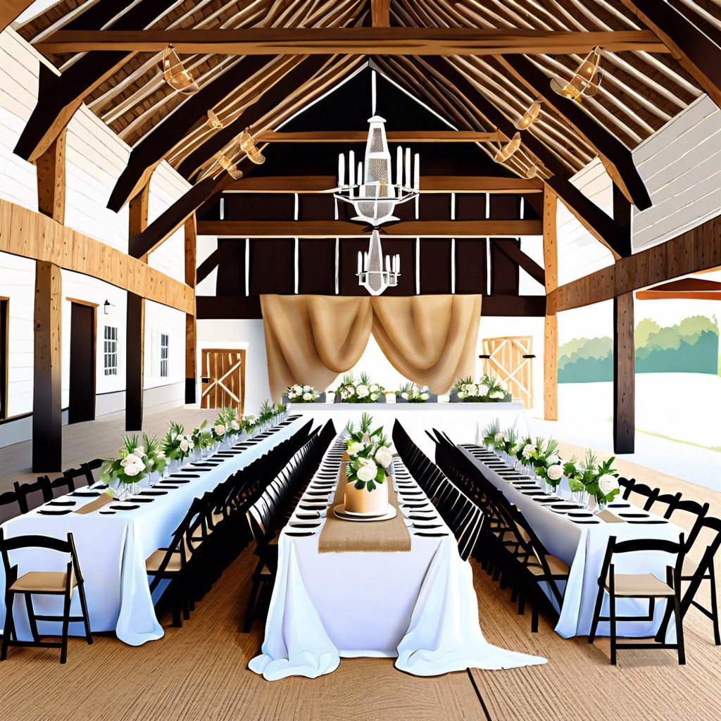 barn reception with wooden tables and burlap runners