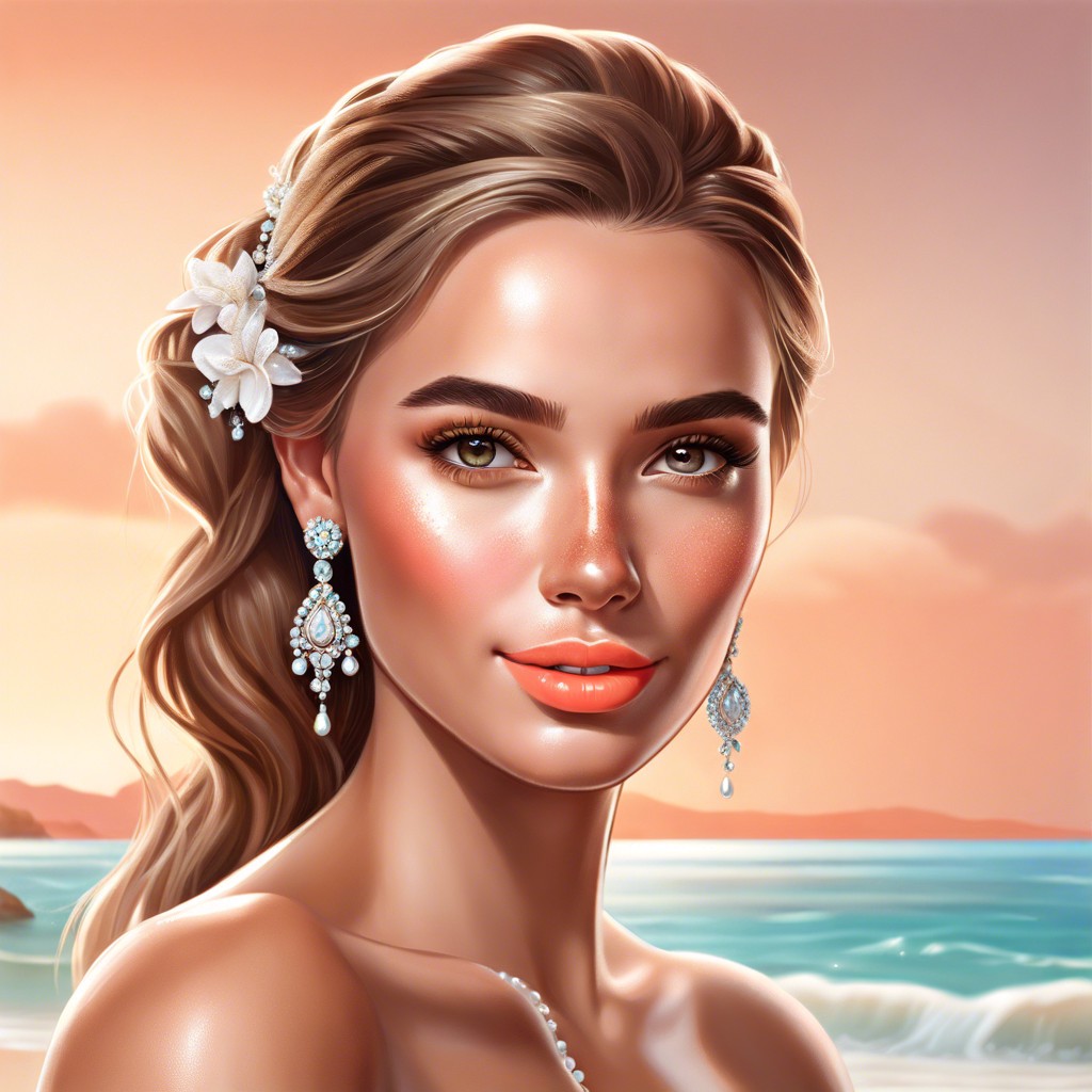 beach bride bronzed dewy skin with waterproof mascara and a coral lip