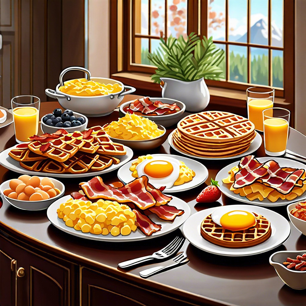 breakfast for dinner buffet with waffles eggs and bacon