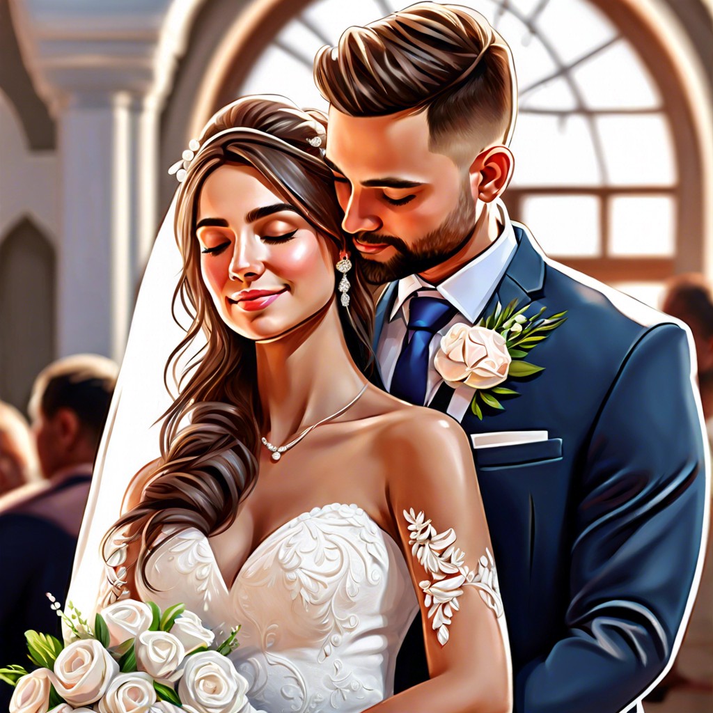 brides head on grooms chest