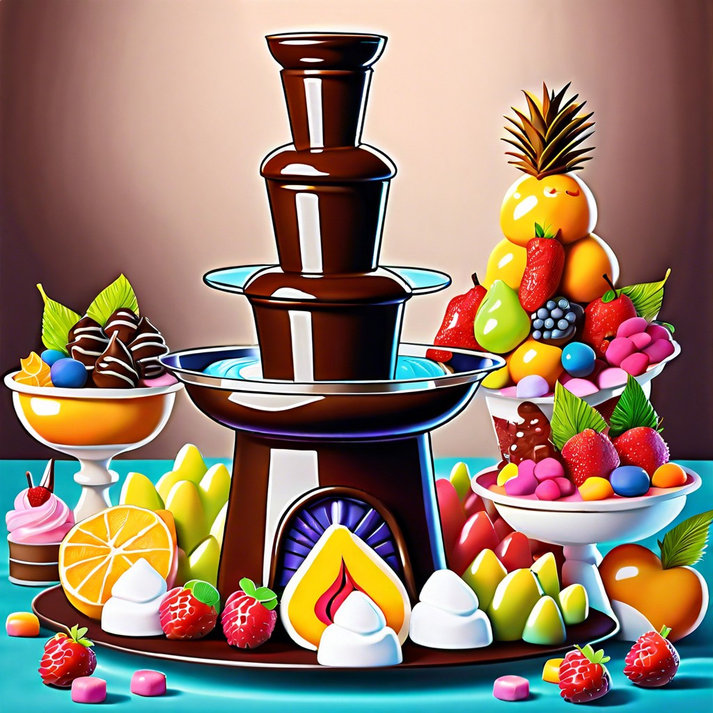 chocolate fountain with fruit and marshmallows