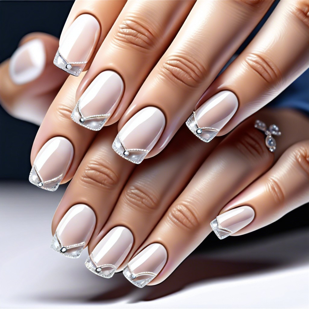 classic french manicure with a tiny crystal at the base of each nail