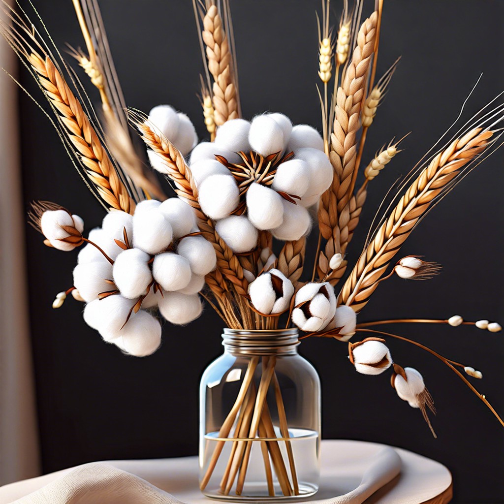 cotton stems and dried wheat arrangement