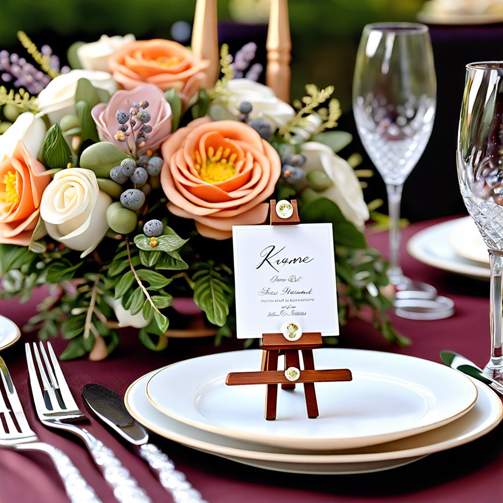 customized miniature easels with guests names as place settings